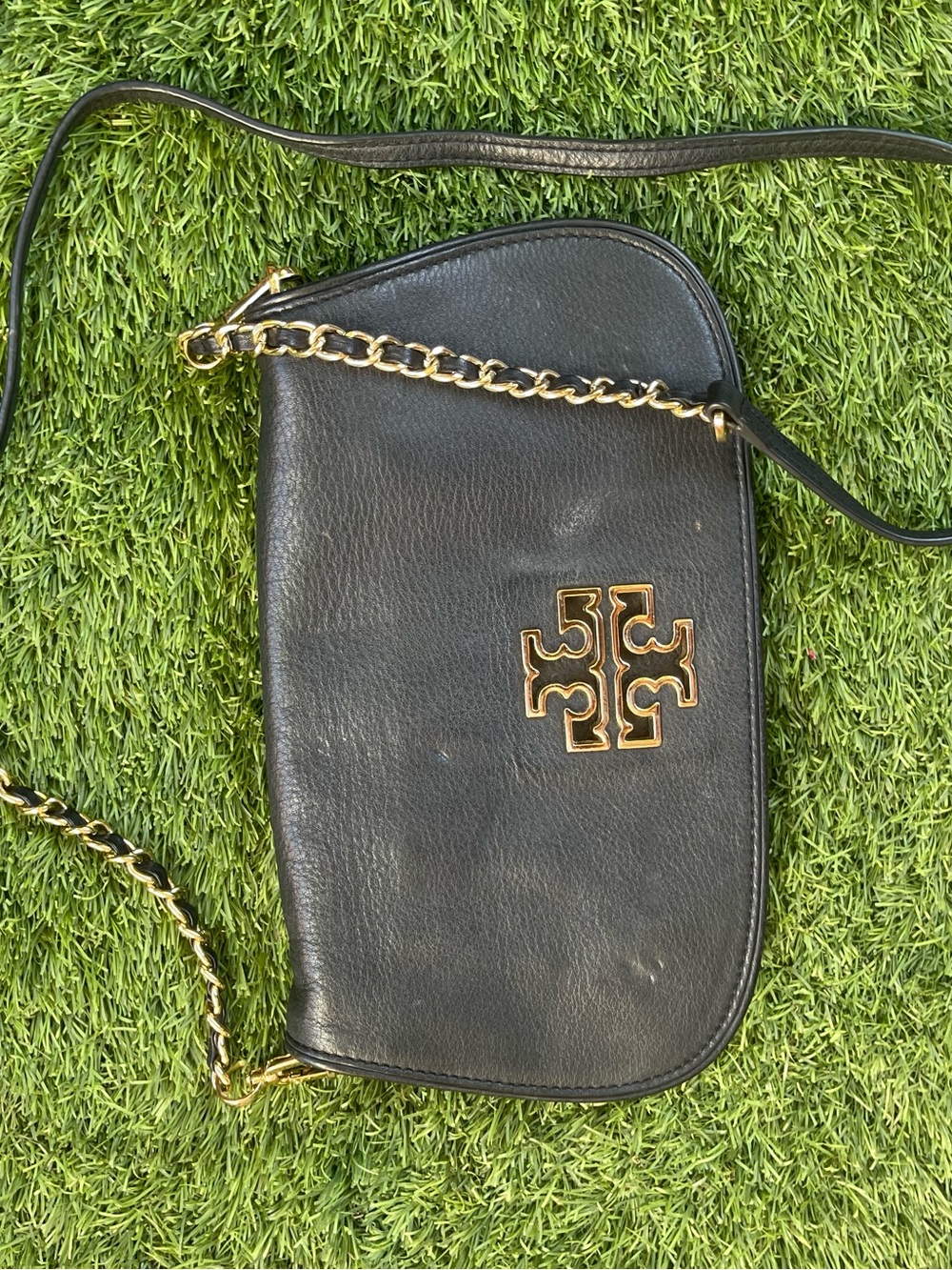 Tory Burch Black Leather Crossbody with Gold Logo Chain